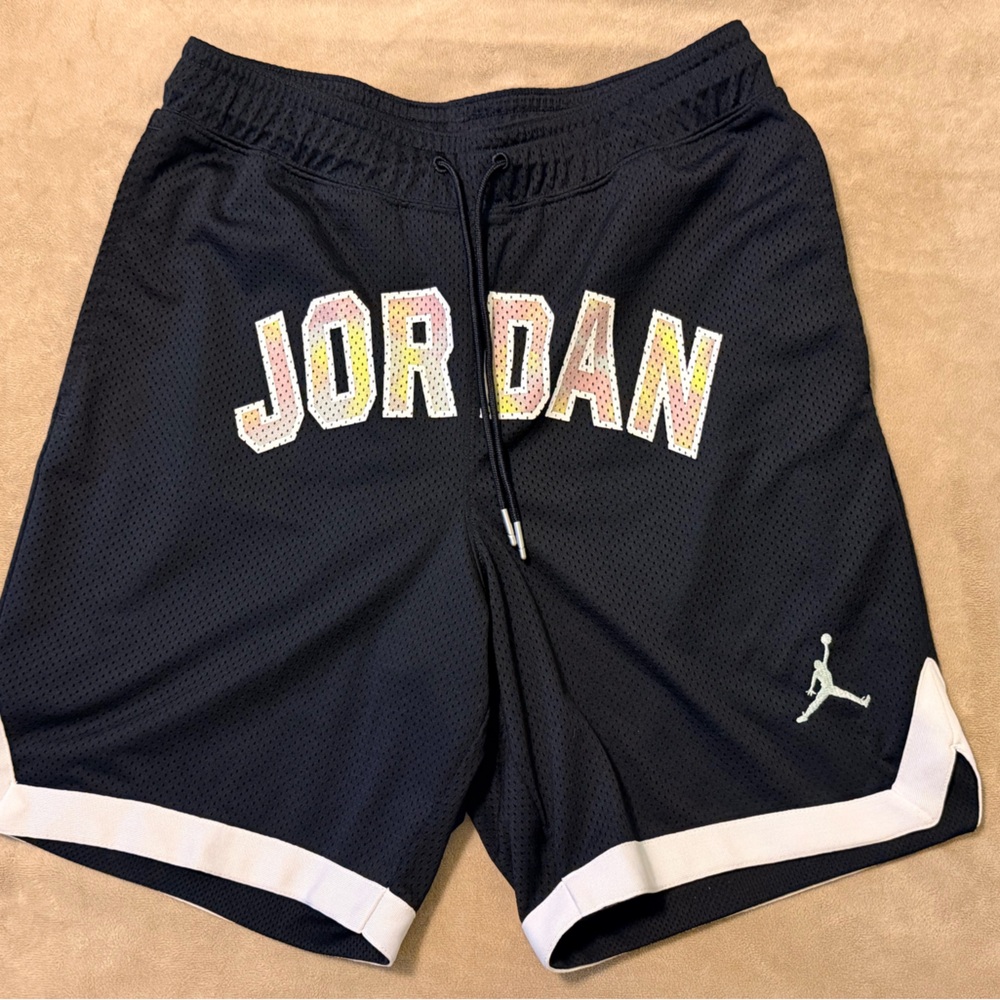 Jordan Men’s Black Athletic Shorts with White Trim and Multicolor 'JORDAN' Text